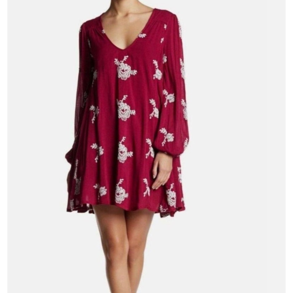 Free People Dress Austin Emma Large Magenta Floral Embroidered Boho Mini Cutout
